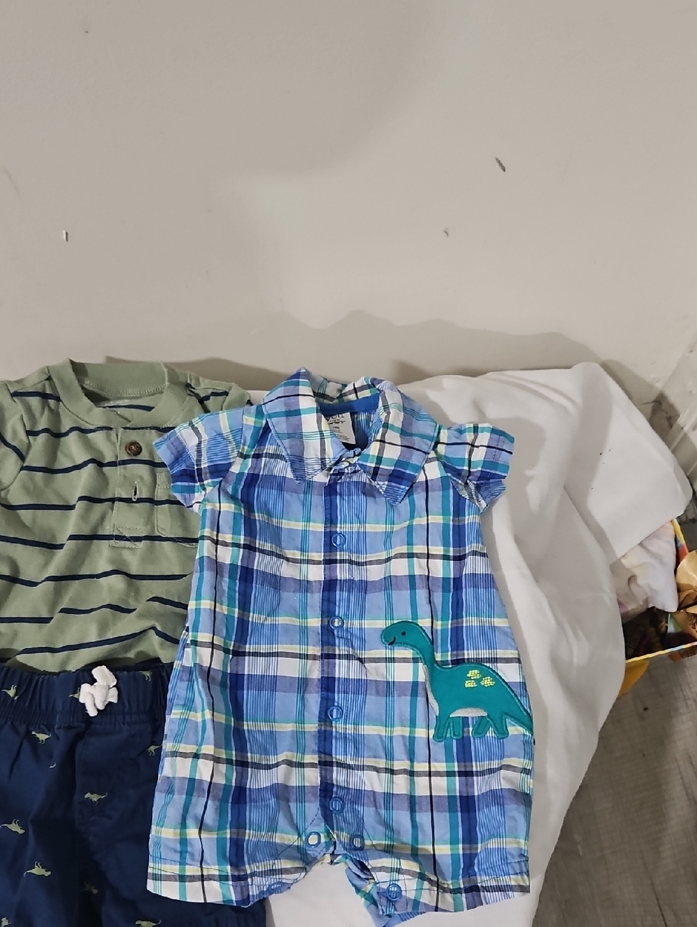 Blue & Teal Plaid Baby Romper with Dinosaur